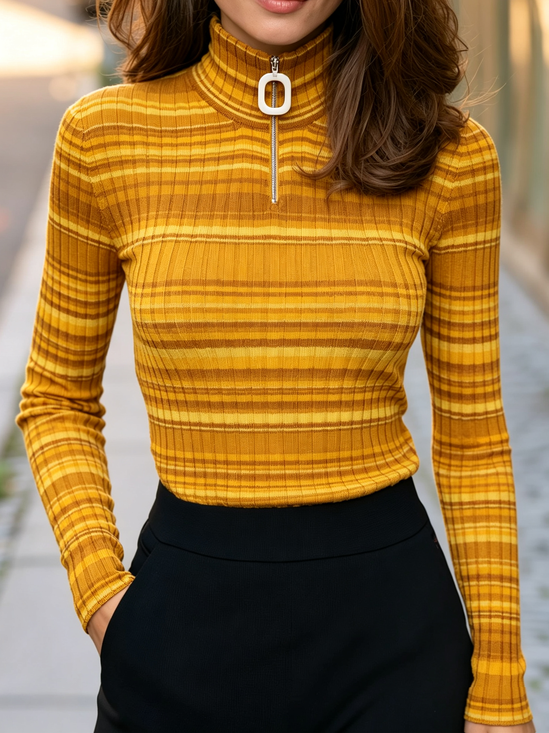 High Elasticity Casual Striped Zipper Turtleneck Sweater