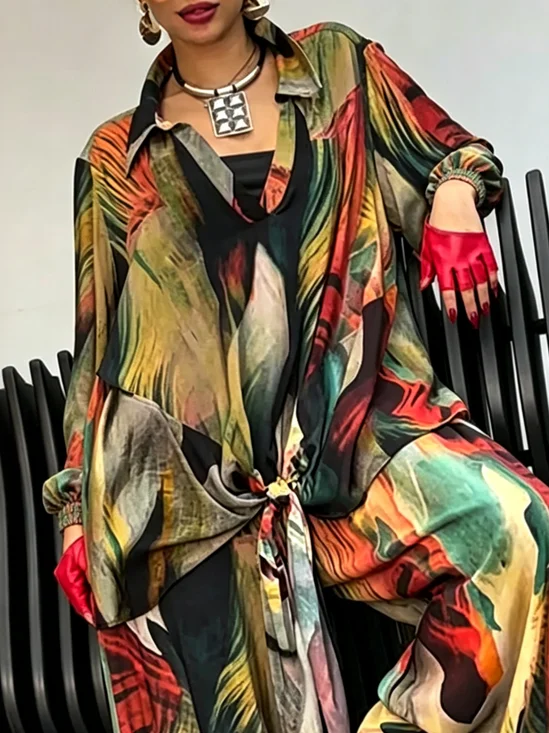 Casual Abstract Printing Shawl Collar Blouse
