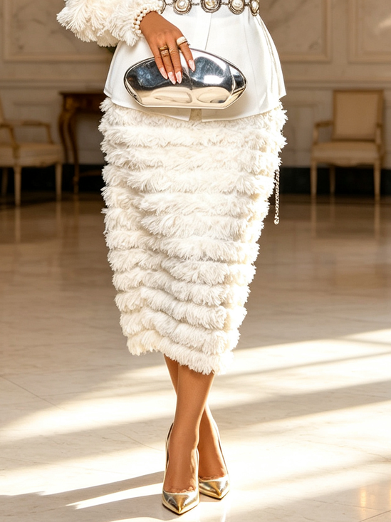 Elegant Feather Plain Midi Skirt