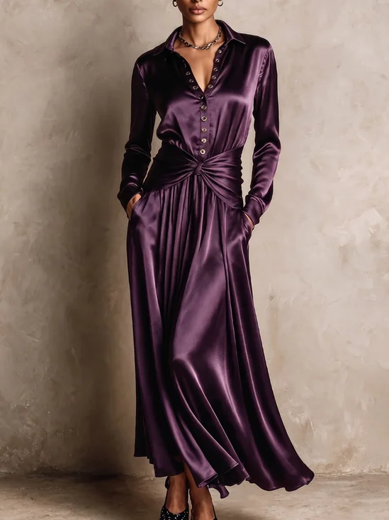 Urban Plain Gathered Shirt Collar Maxi Dress