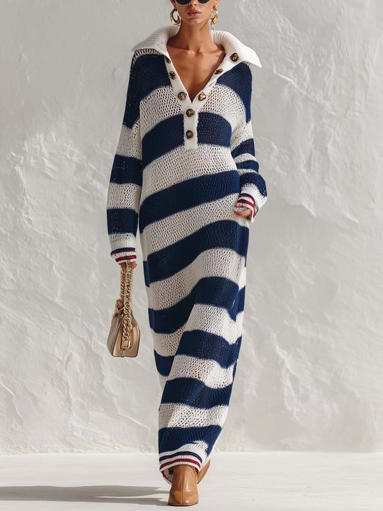 Casual Striped Button Detail Shawl Collar Sweater Maxi Dress