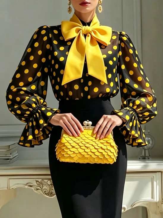 Elegant Polka Dots Printing Tie Neck Blouse