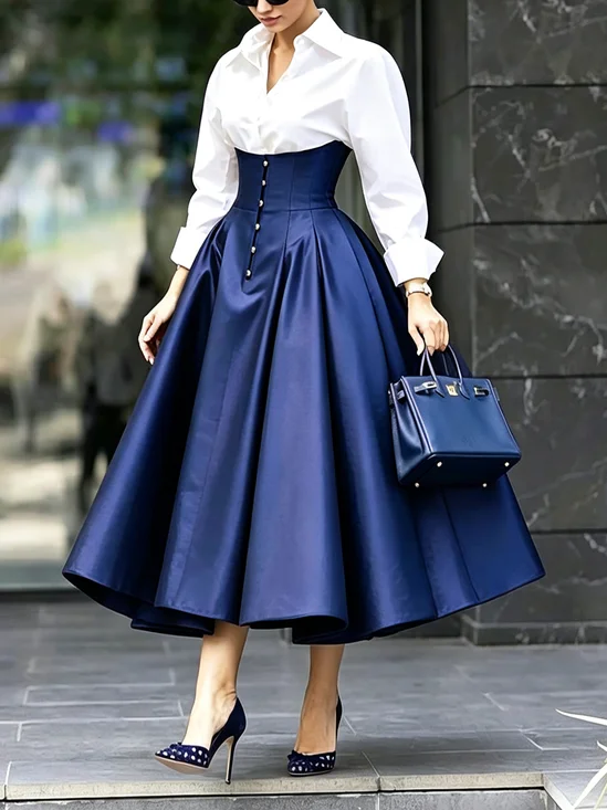 Elegant Color Block Split Joint Shirt Collar Midi Dress