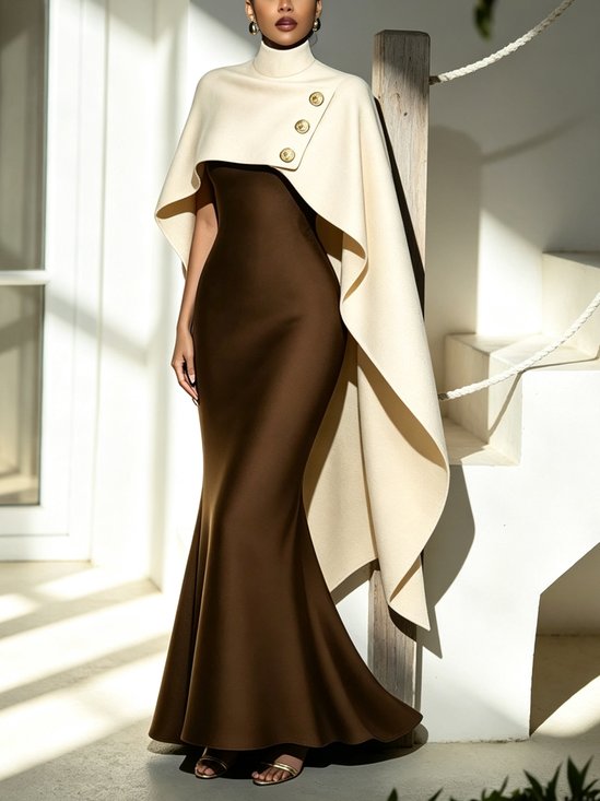 Elegant Color Block Button Detail Turtleneck Maxi Party Dress