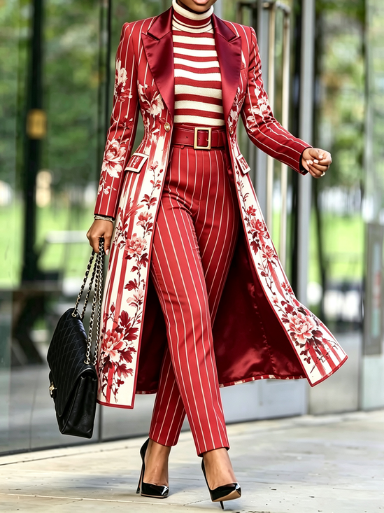 Urban Printing Striped Lapel Collar Long Blazer