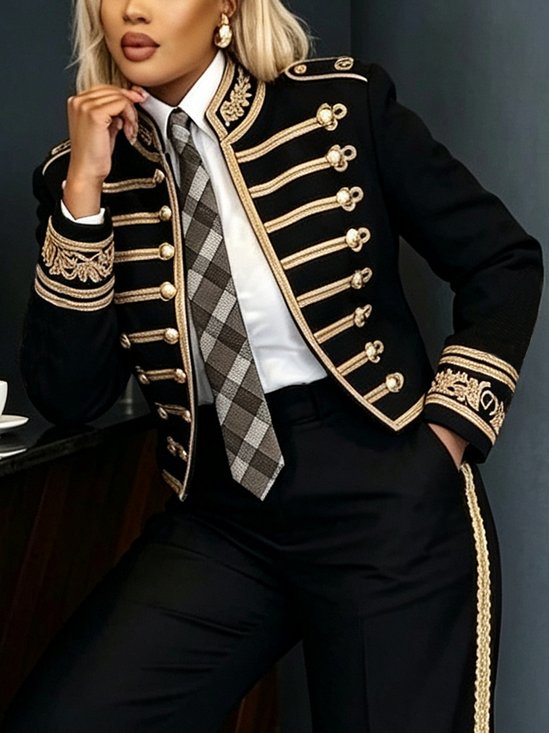 Urban Braided Strap Plain Stand Collar Jacket