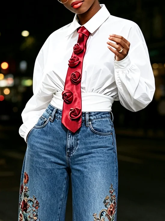Urban Color Block 3D Floral Shirt Collar Shirt Lncluding Leadership