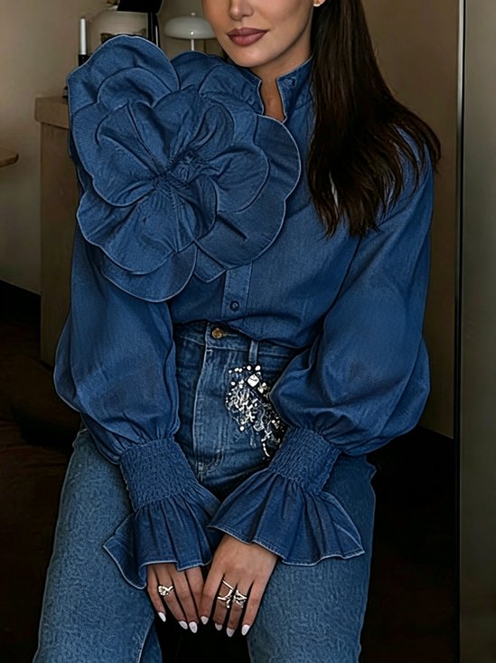 Urban Plain 3D Floral Stand Collar Denim Shirt
