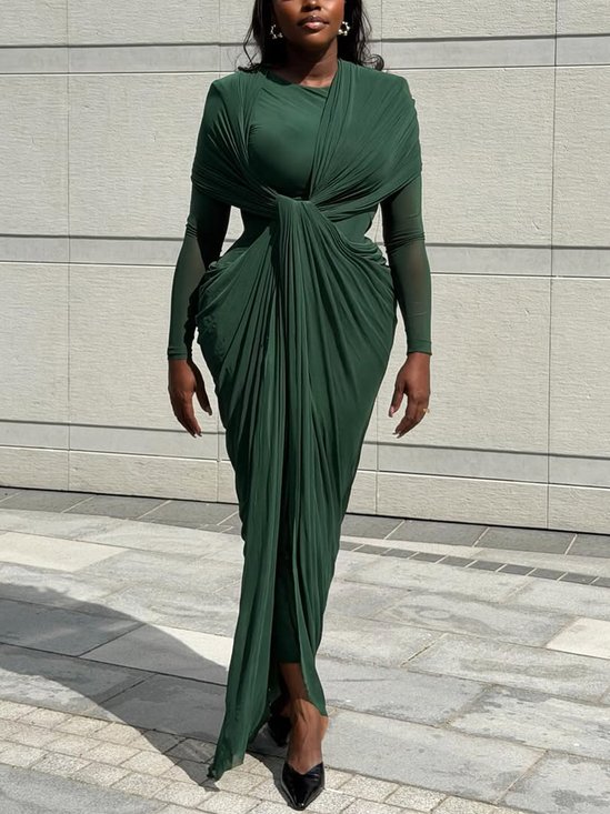 Elegant Plain Ruched Crew Neck Maxi Dress