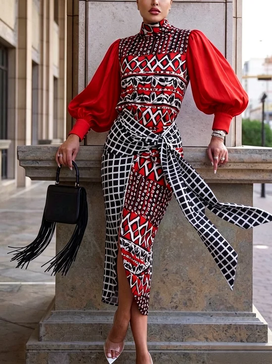 Elegant Geometric Balloon Sleeve Printing Stand Collar Midi Dress