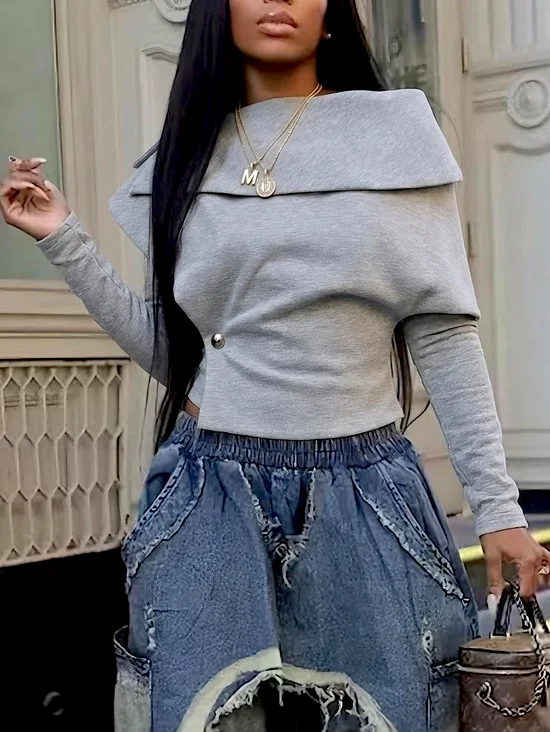 Casual Plain Asymmetric Wrap Blouse