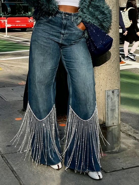 Casual Plain Tassel Jeans