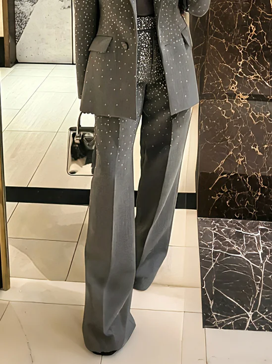 Elegant Plain Hot Drilling Straight Pants