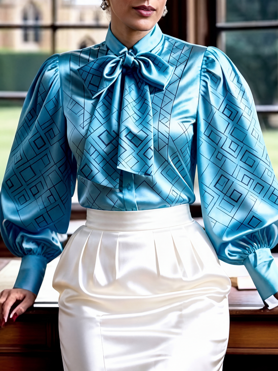 Elegant Plaid Printing Tie Neck Shirt