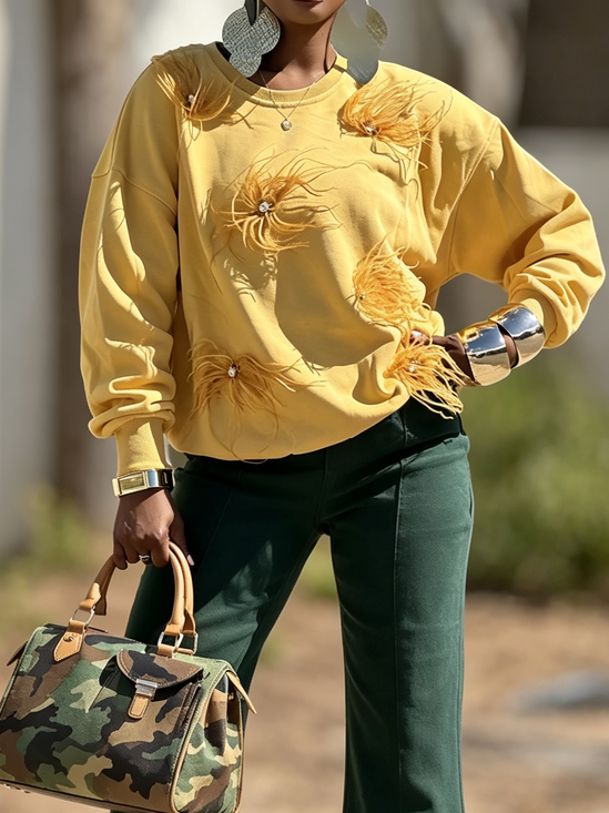 Casual Plain Feather-trimmed Crew Neck Sweatshirt