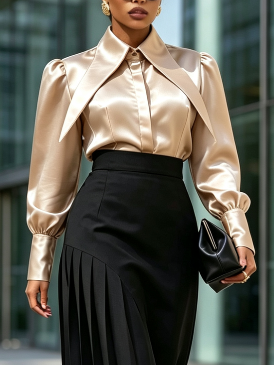 Satin Elegant Plain Shawl Collar Shirt