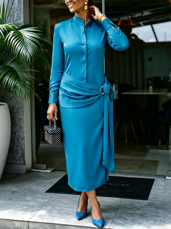 Urban Plain Ruched Mock Neck Midi Dress