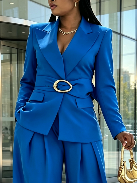 Urban Plain Lapel Collar Blazer With Belt