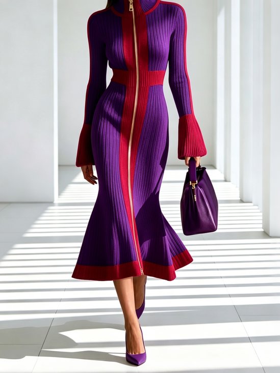 Elegant Color Block Turtleneck Sweater Midi Dress