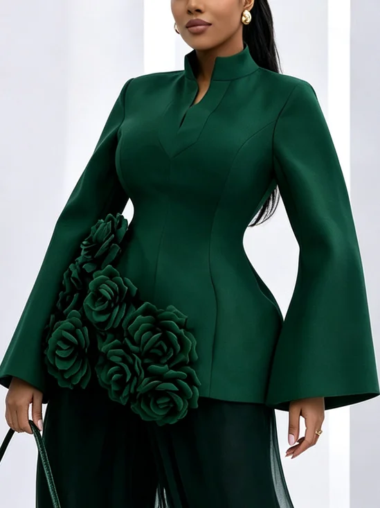 Elegant Plain 3D Floral Stand Collar Blouse