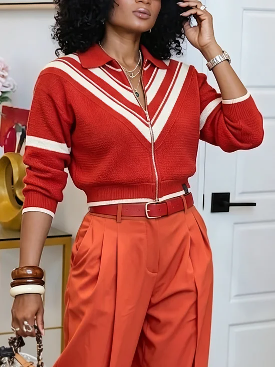 Urban Color Block Zipper Shawl Collar Sweater Cardigan