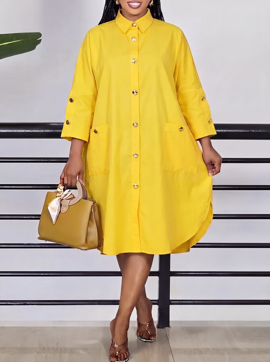 Urban Plain Shirt Collar Midi Dress