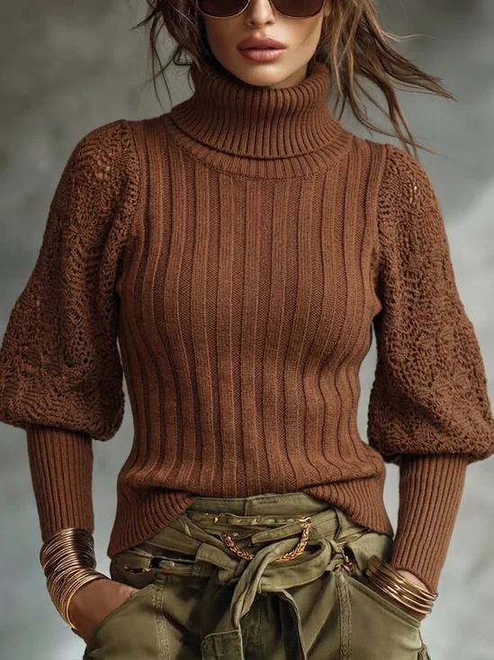 Urban Plain Turtleneck Puff Sleeve Sweater