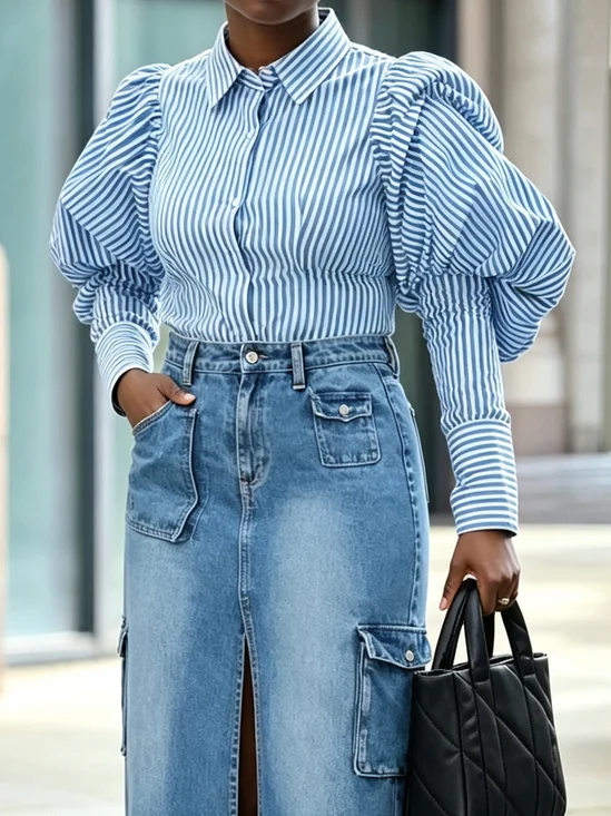 Urban Striped Shirt Collar Puff Sleeve Shirt
