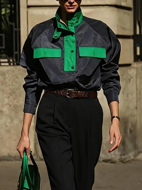 Urban Color Block Split Joint Turtleneck Blouse