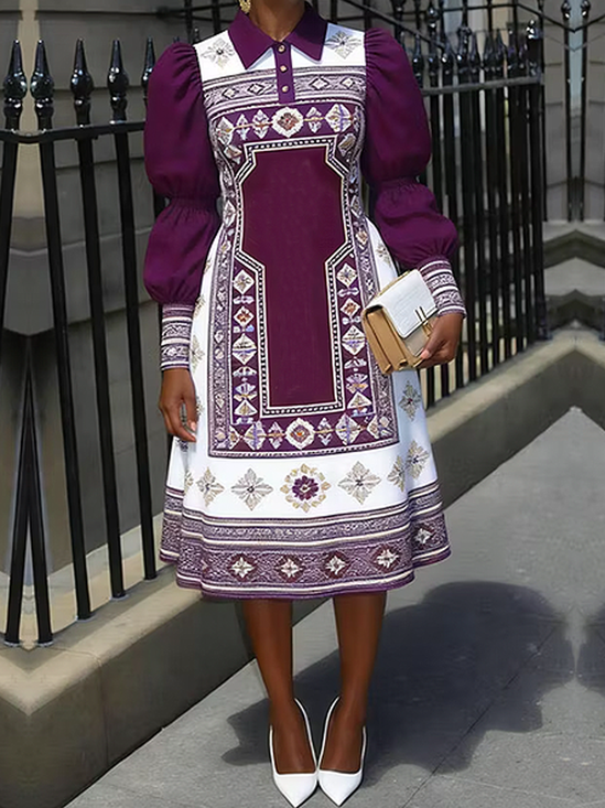 Elegant Geometric Printing Shirt Collar Midi Dress