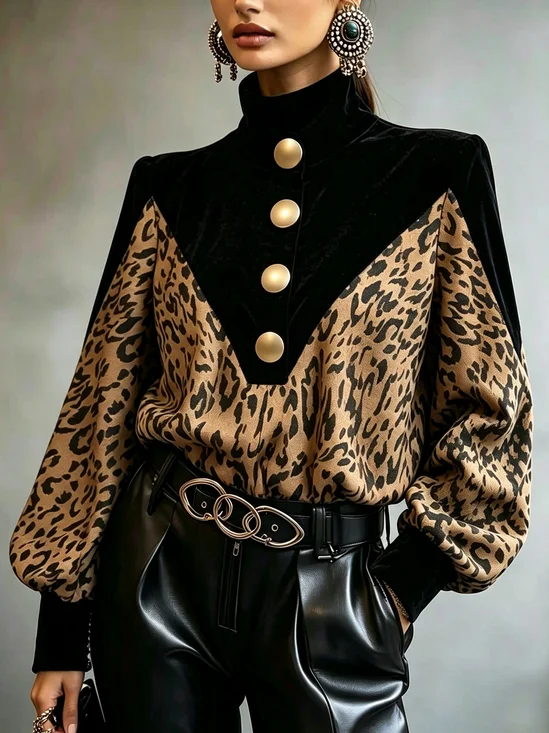 Urban Leopard Printing Turtleneck Blouse