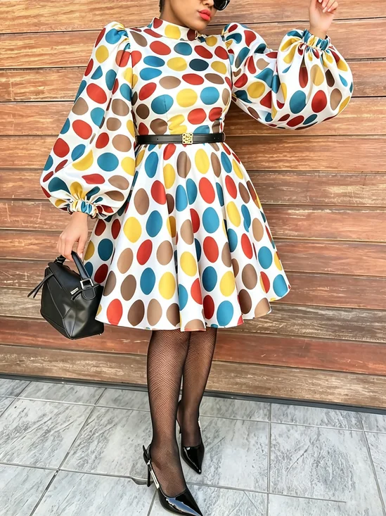 Elegant Polka Dots Stand Collar Knee Length Dress No Belt