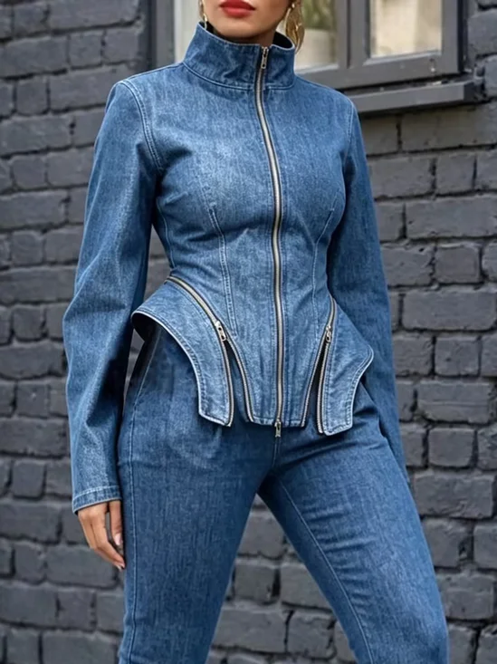 Urban Zipper Plain Stand Collar Denim Coat