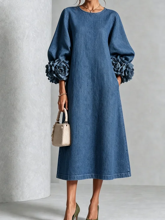 Denim Urban Plain 3D Floral Crew Neck Midi Dress