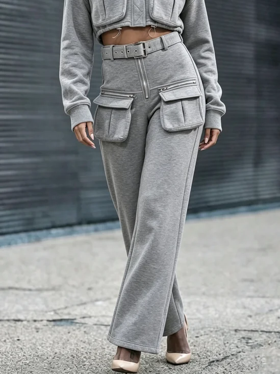 Casual Pockets Straight Pants Whith Belt