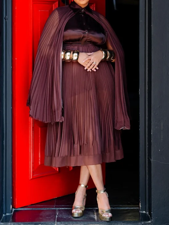 Elegant Plain Pleated Crew Neck Midi Dress
