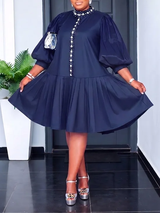 Elegant Plain Beaded Mock Neck Midi Dress