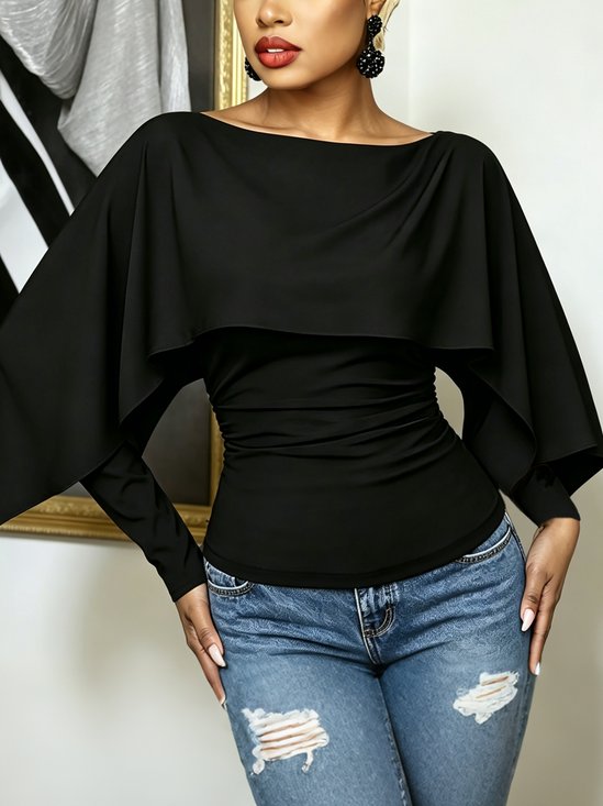 Casual Plain Folds Boat Neck Blouse