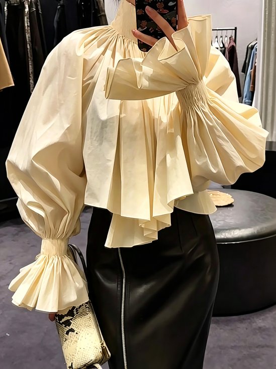 Cotton Urban Plain Ruched Turtleneck Blouse