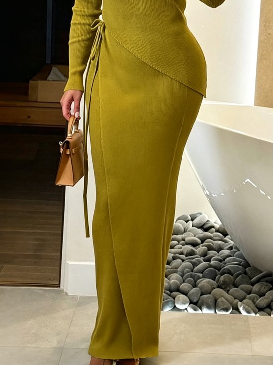 Elegant Lace-up Plain Sweater Maxi Skirt