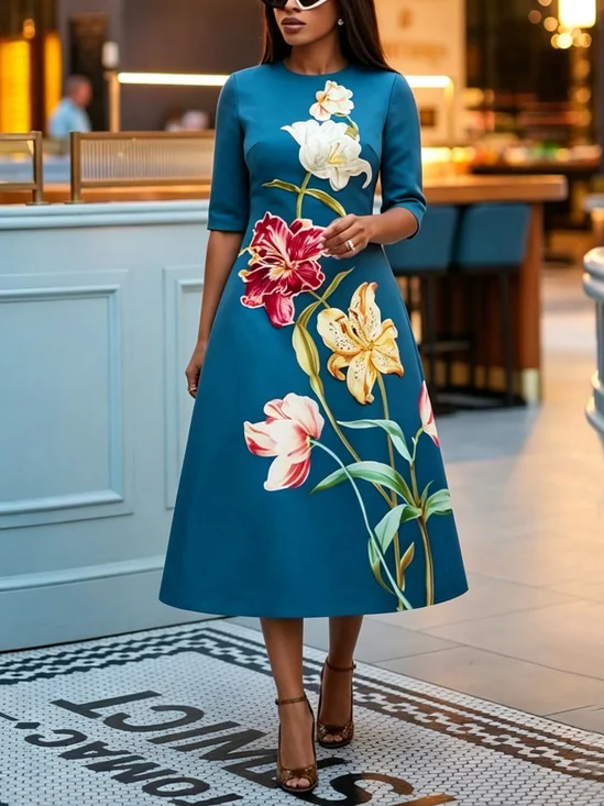 Elegant Floral Printing Crew Neck Midi Dress
