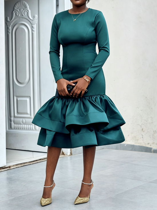 Elegant Plain Peplum Crew Neck Midi Dress