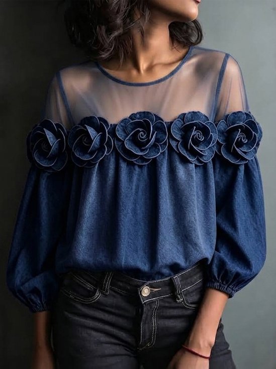 Casual Plain 3D Floral Crew Neck Denim Top