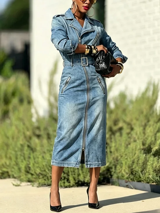 Casual Plain Zipper Lapel Collar Denim Midi Dress With Belt