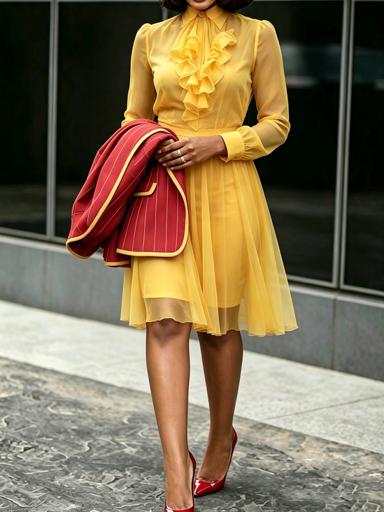 Elegant Plain Peplum Shirt Collar Midi Dress