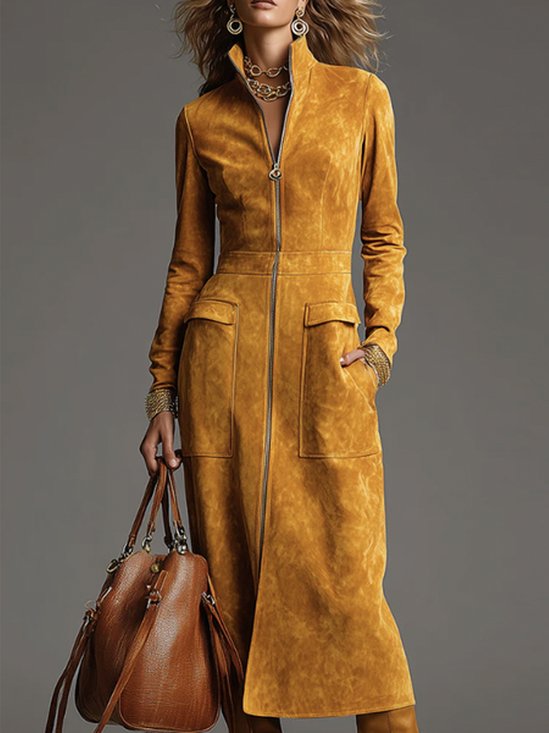 Suede Urban Plain Zipper Stand Collar Midi Dress