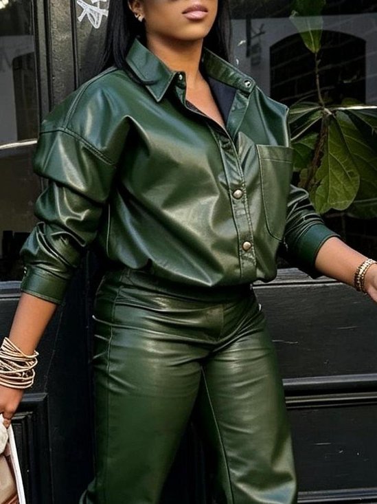 Urban Plain Shirt Collar Faux Leather Shirt