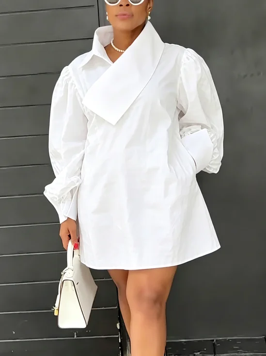 Cotton Casual Plain Asymmetric Shawl Collar Mini Dress