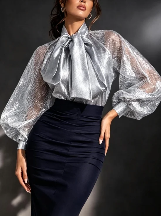Elegant Plain Tie Neck Balloon Sleeve Blouse