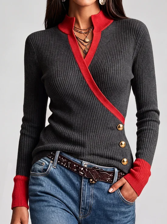 Urban Color Block Stand Collar Sweater